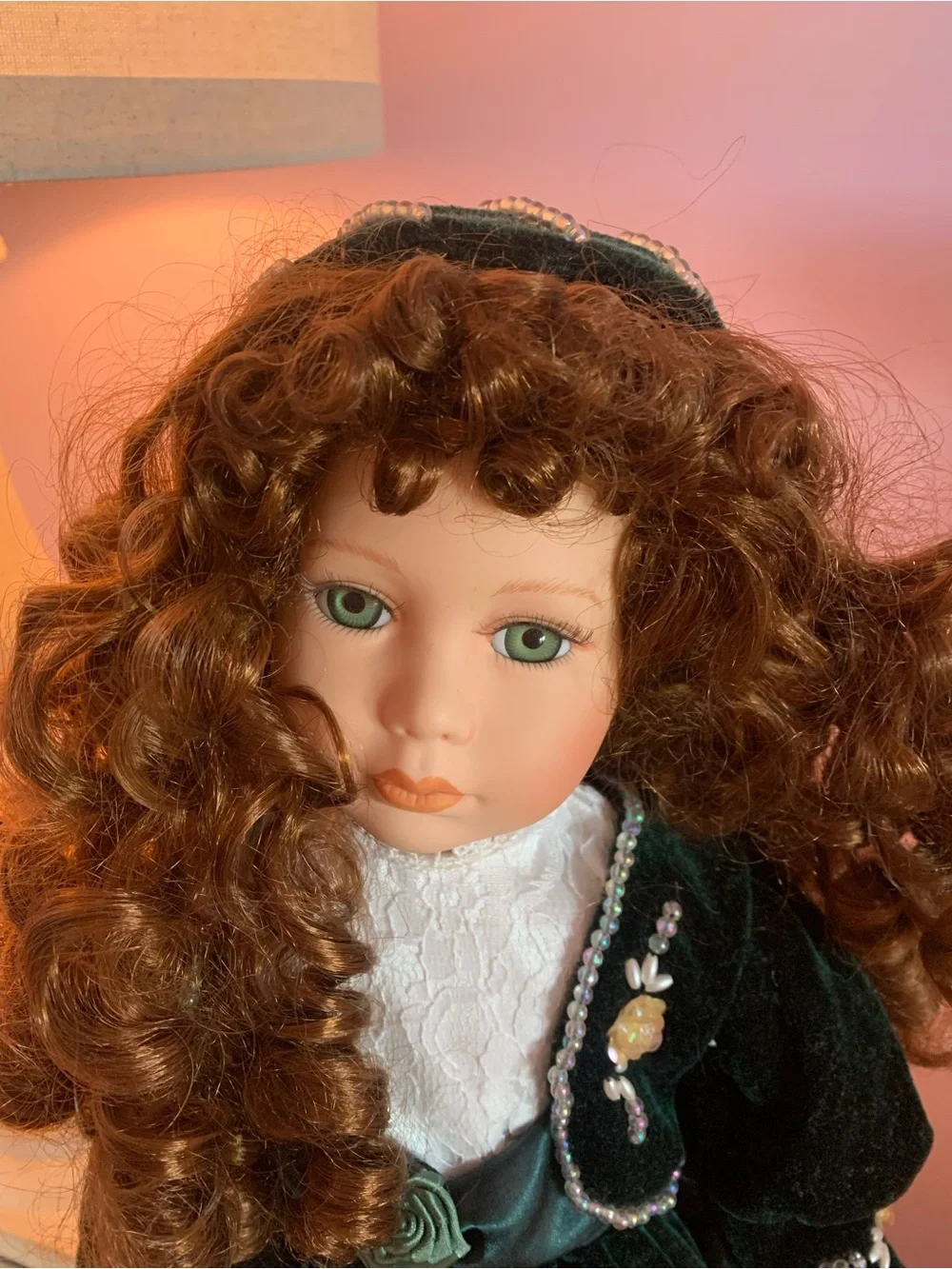 Porcelain Collectible Doll in Dark Green Velvet Dress